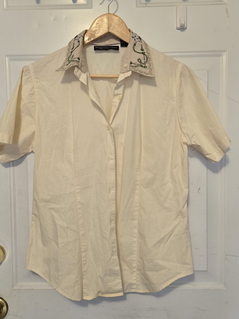 Vintage Eagles Eye Cream Embroidered Collar Short-Sleeve Shirt Size M